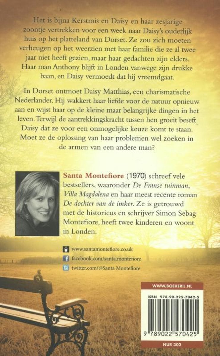 Achterkant van een boek met tekst en een foto van Santa Montefiore.