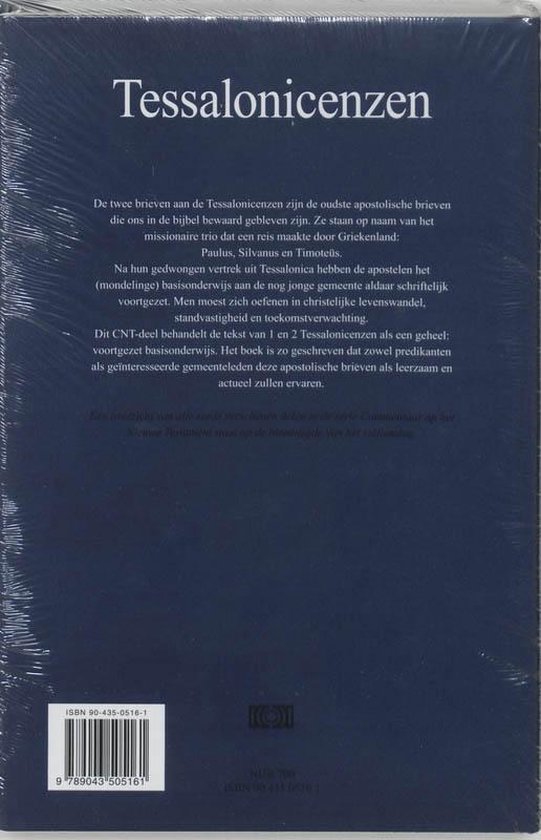 Achterkant boek "Tessalonicenzen" met ISBN-nummer 90-435-0516-1 en 9789043505161. Blauwe kaft met witte tekst.