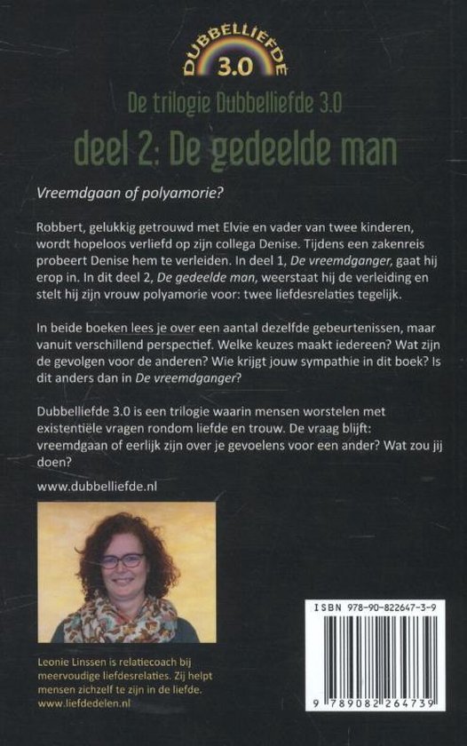 Boekomslag met de tekst 'Dubbelliefde 3.0 trilogie deel 2: De gedeelde man' en een portret van een vrouw met krullend haar en bril.