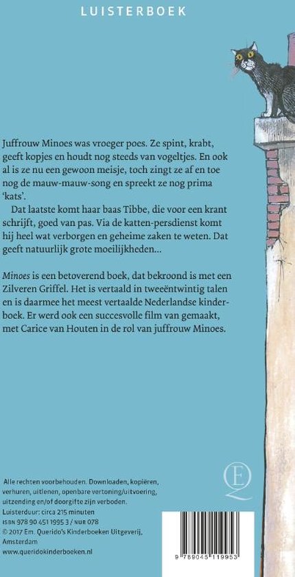 De achterkant van een luisterboek met tekst over het verhaal 'Minoes' en een kat op een schoorsteen.