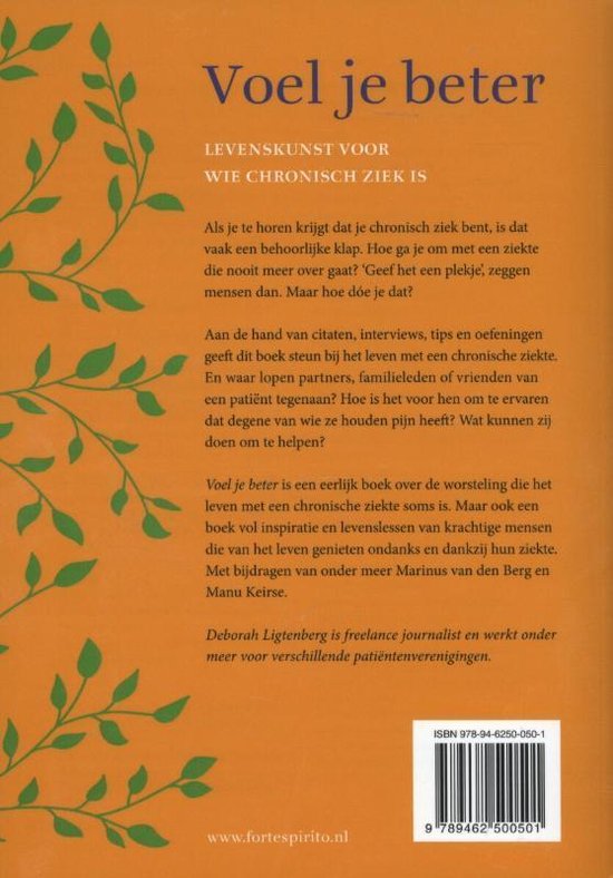Achterkant van het boek 'Voel je beter'. Met groene takken, tekst en ISBN-barcode.