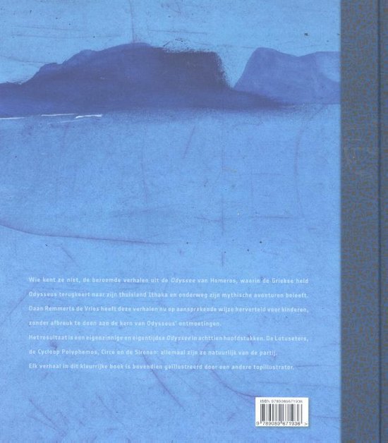 Illustratie van een Griekse trireem op een blauwe zee onder een paarse berg.
