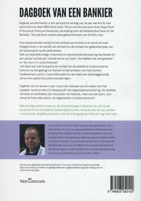 Achterkant boek "Dagboek van een bankier" met beschrijving, foto auteur en uitgever Van Gorcum.