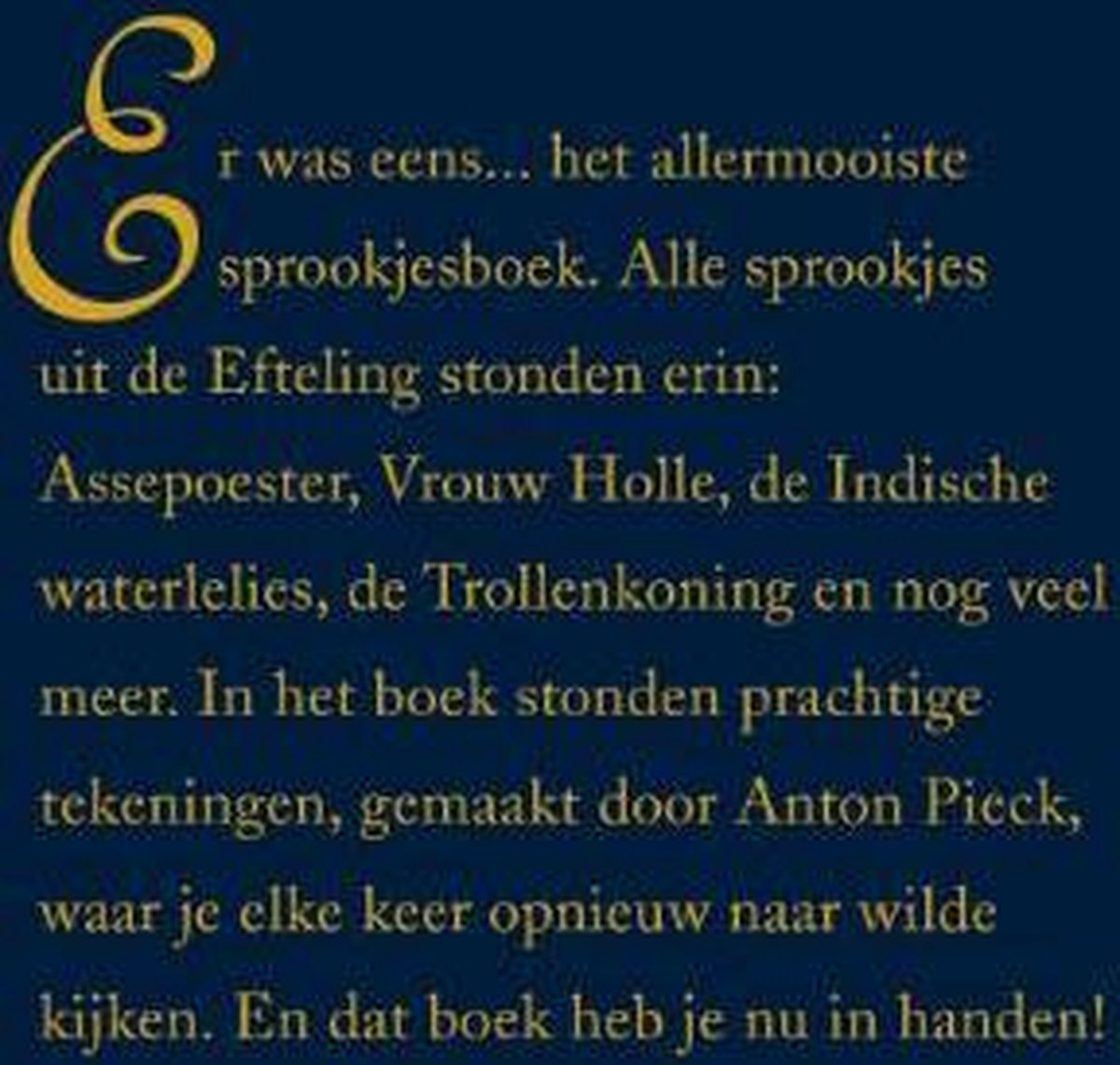 Blauwe kaft van een sprookjesboek met tekst over de inhoud en de illustrator.