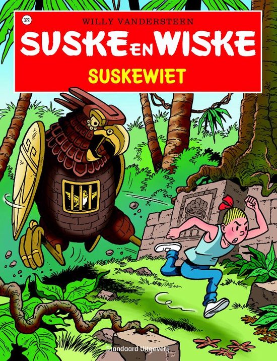 Een jonge vrouw rent weg van een vogel. Ze bevinden zich in een jungleomgeving. De titel "SUSKE EN WISKE SUSKEWIET" staat bovenaan.