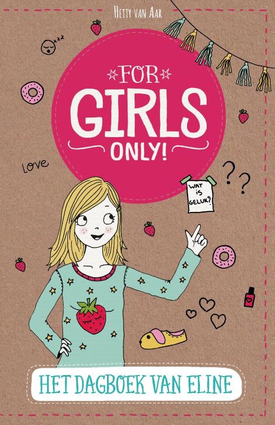 Voor meiden! Het dagboek van Eline met illustraties van een meisje met blonde staartjes, jordbessen en donuts.