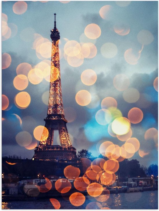 Poster - Lichtbolletjes op Foto van Eiffeltoren - Parijs - Foto op Posterpapier