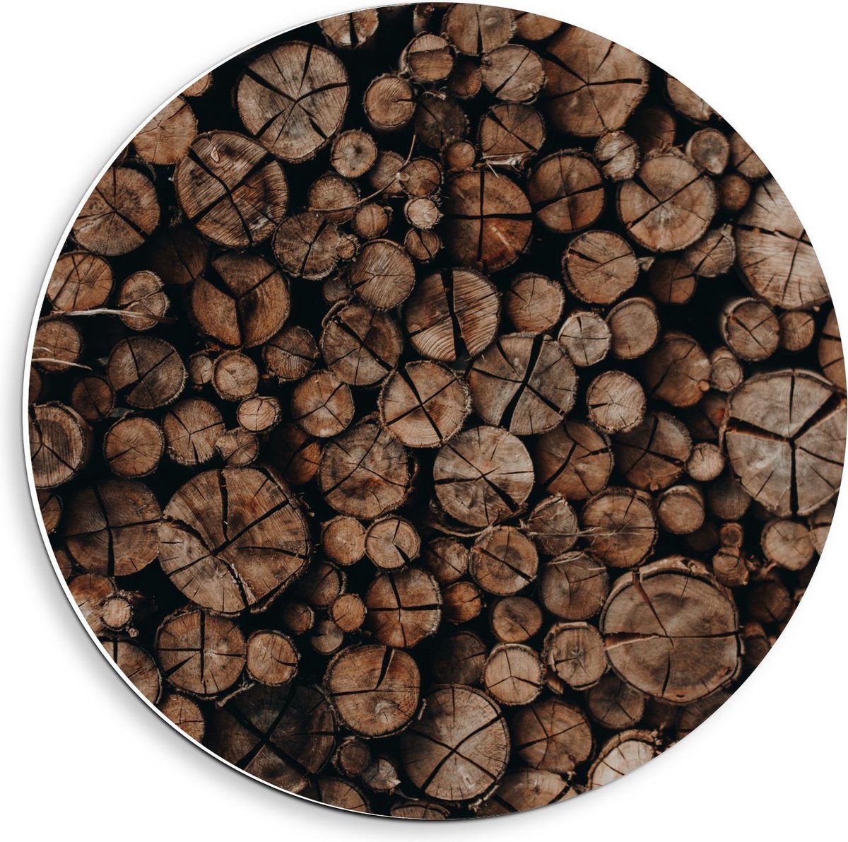 Forex Wandcirkel - Houten Palen Opgestapeld - 40x40cm Foto op Wandcirkel (met ophangsystee