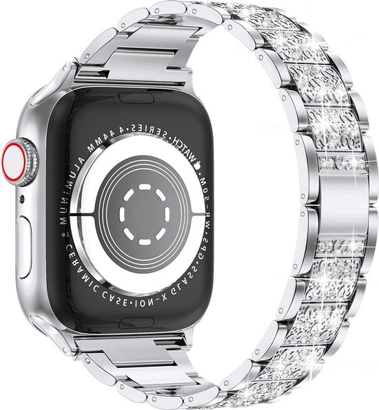 Luxe Metalen Armband Bandje Geschikt Voor Apple Watch Series 1/2/3/4/5/6//7/SE 38/40/41 mm - Geschikt Voor iWatch Schakel Polsband Strap RVS - Met Horlogeband Inkortset  - 3D Diamond Design - Zilver - AA Commerce