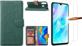 Huawei P30 Lite New Edition Hoesje / P30 Lite portemonnee hoesje Groen / book case met 2 pack screenprotector