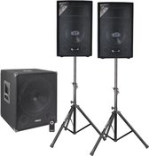 Geluidsinstallatie - Vonyx geluidsinstallatie met Bluetooth, 15 inch actieve subwoofer, twee 10 inch speakers, statieven en kabels