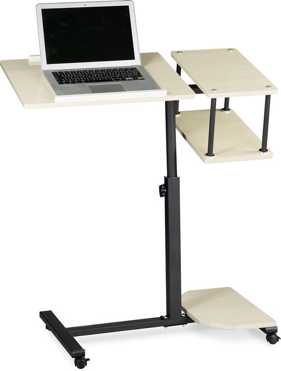 Relaxdays Laptoptafel op wieltjes XL - laptopstandaard - 4 planken - ook linkshandigen - crème