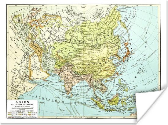 Poster Klassieke wereldkaart Azië - 160x120 cm XXL