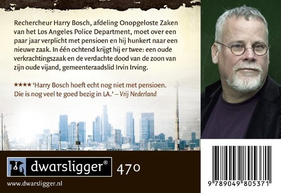 Man met bril en baard, tekst over Rechercheur Harry Bosch, Stedenpanorama LA.