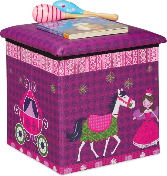 Relaxdays poef kind - opbergpoef - speelgoedkist - vouwbaar - met opbergruimte - krukje - Prinses