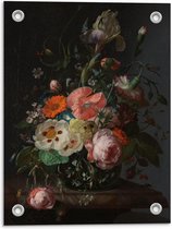 Tuinposter – Oude meesters - Stilleven: bloemen op marmeren tafel, Rachel Ruysch - 30x40cm Foto op Tuinposter  (wanddecoratie voor buiten en binnen)