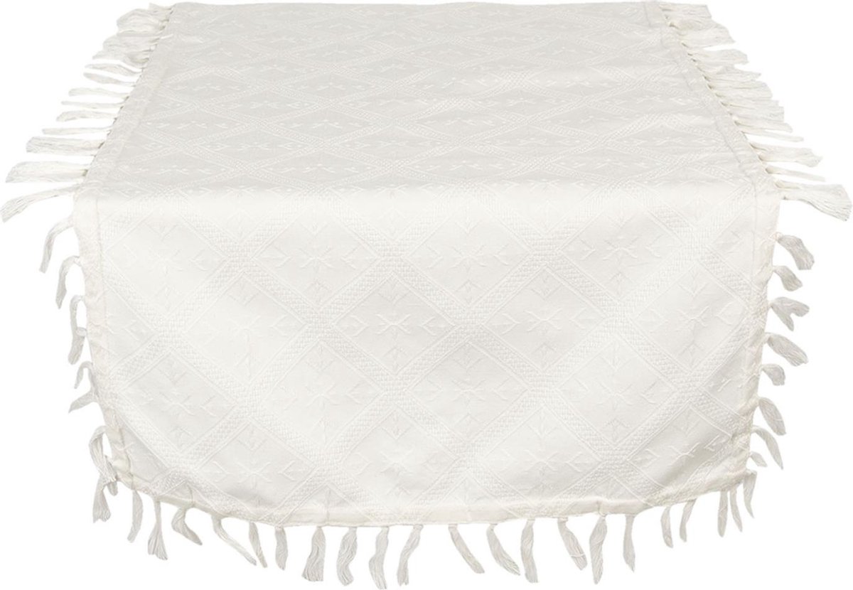Clayre & Eef Tafelloper 50*140 cm Creme Katoen Rechthoek Tafelkleed Loper Tafeltextiel