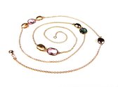 Zilveren halsketting collier halssnoer roos goud verguld Model Rectangle gezet met roze en grijze steen