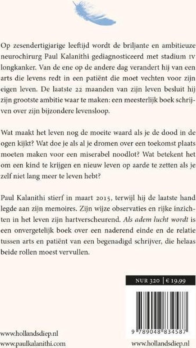 Boekrug met tekst 'Als adem lucht wordt' door Paul Kalanithi, met veertje en prijsinformatie.