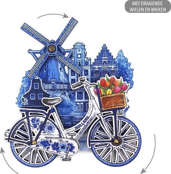 Foto: Mdf holland molen fiets delfts blauw draaiende wielen souvenir