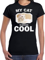 Witte kat katten t-shirt my cat is serious cool zwart - dames - katten / poezen liefhebber cadeau shirt L