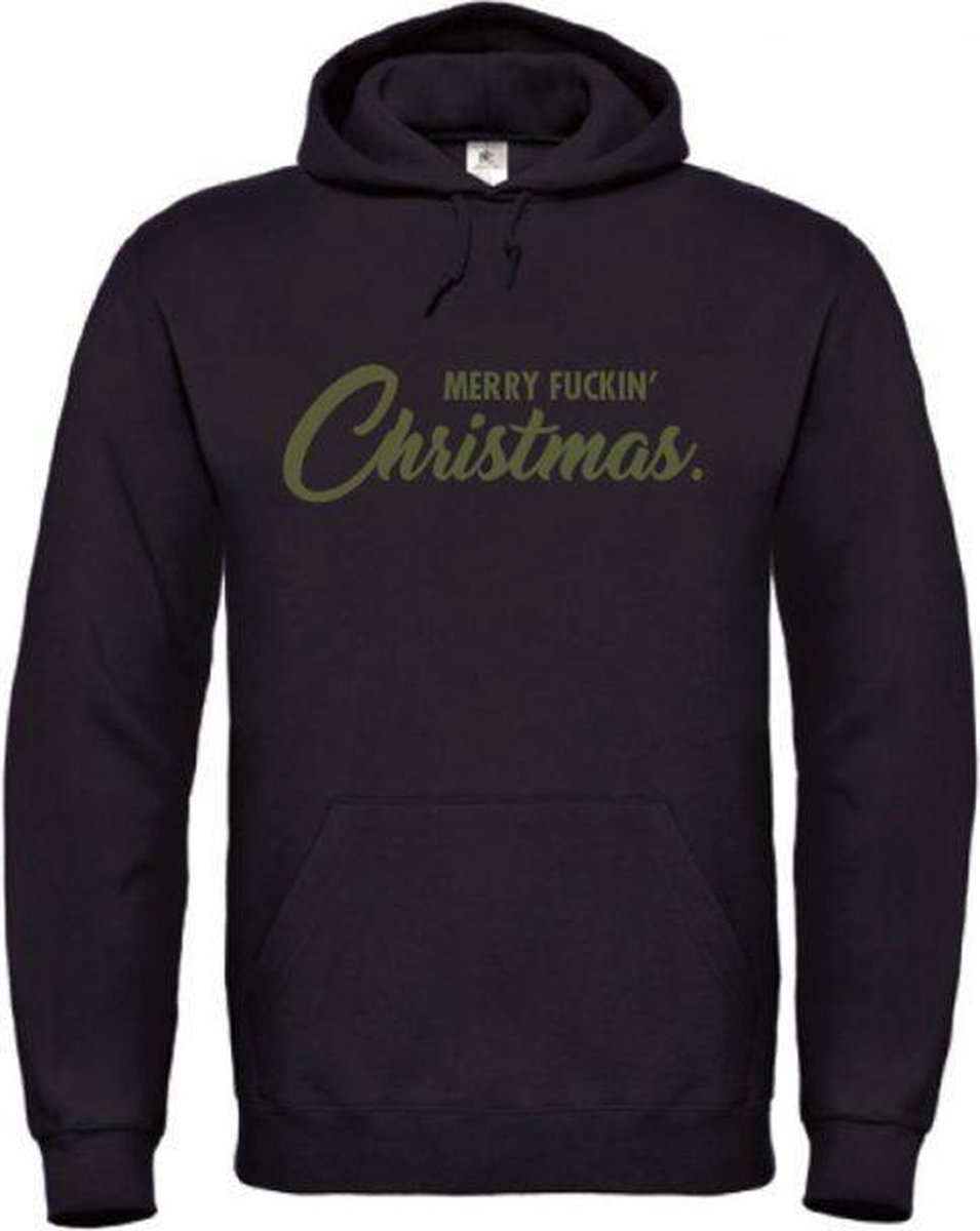 Foute kersttrui hoodie zwart S - Merry fuckin' Christmas - Olijfgroen - soBAD. | Kersttrui soBAD. | kerstsweaters volwassenen | kerst hoodie volwassenen | Kerst outfit | Foute kerst truien