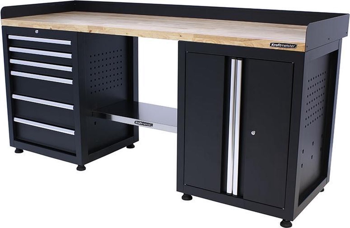 Kraftmeister werkbank 200 cm - Werktafel met 6 laden, 1 opbergkast en eiken werkblad - Zwart