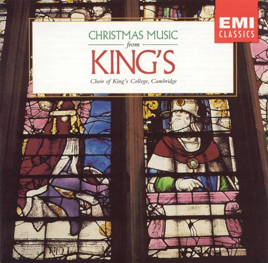 Albumhoes met glas-in-lood, met de tekst 'Christmas Music from King's Choir of King's College, Cambridge' en het EMI Classics logo.