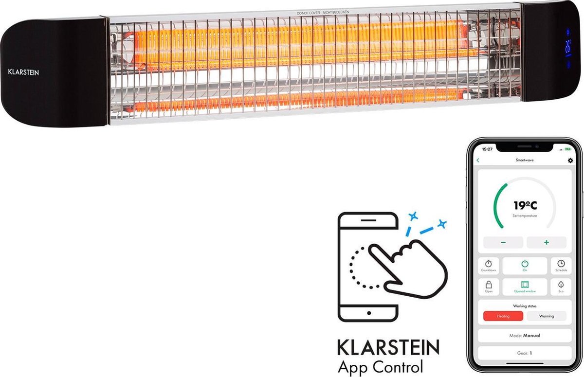 Klarstein Smartwave Terrasverwarmer - Infrarood Terrasverwarmer met Ir Comfortheat, Plafondverwarmer met 2400 W Koolstofvezelbuis, Thermostaat, voor 20 m2, WiFi App-Bediening voor Maximaal 7 Apparaten, Wit