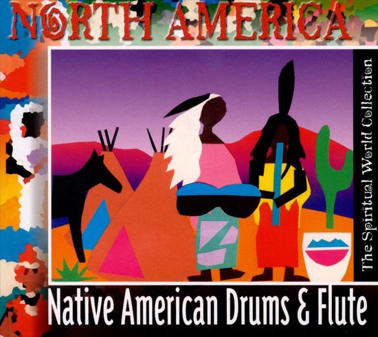 Albumhoes 'Native American Drums & Flute' met tekeningen van tipi's, een zwarte hond, cactussen en indianen.