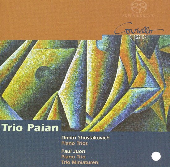 Abstracte kunst met gele, blauwe en groene tinten. Titel: Trio Paian. Composities van Dmitri Shostakovich en Paul Juon.