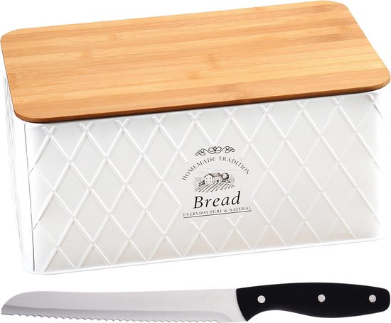 Witte à pain en métal blanc avec couvercle de planche à découper en bambou et couteau à pain noir / argent 18 x 34 x 14 cm - Plateau de rangement du pain avec couteau dentelé