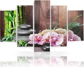 Schilderij , Orchideeën en zen stenen in bos ,roze groen bruin ,4 maten , 5 luik , wanddecoratie , Premium print , XXL