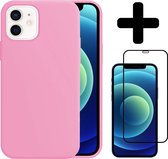 Hoes voor iPhone 12 Hoesje Siliconen Case Met Screenprotector Full Cover 3D Tempered Glass - Hoes voor iPhone 12 Case Siliconen Hoesje Cover - Hoes voor iPhone 12 Hoes Hoesje - Roz