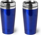 2x stuks warmhoudbeker/warm houd beker metallic blauw 450 ml - RVS Isoleerbeker/thermosbekers reisbekers voor onderweg