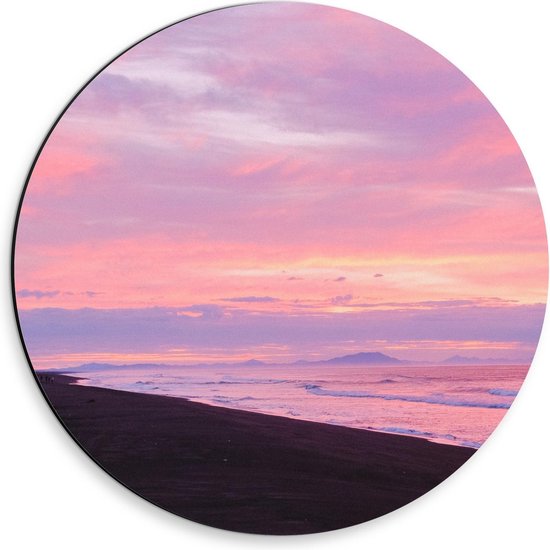 Dibond Wandcirkel - Paarse Roze Lucht en  Zee - 30x30cm Foto op Aluminium Wandcirkel (met ophangsysteem)