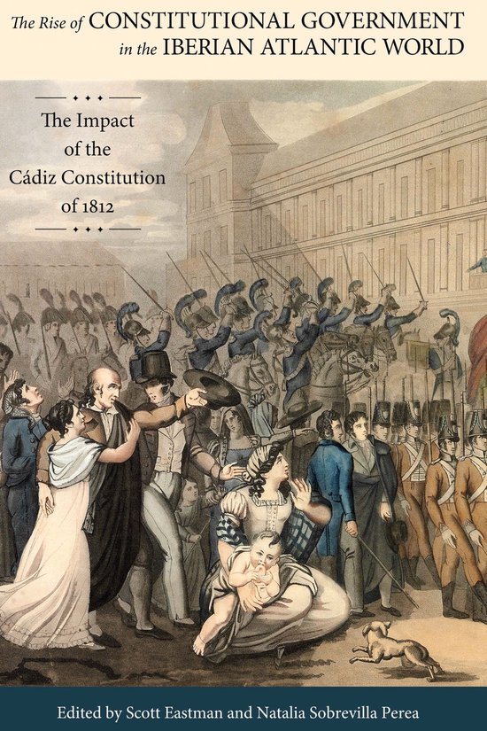 Boekomslag met historische illustratie van een menigte en soldaten tijdens de Cádiz-grondwet van 1812.