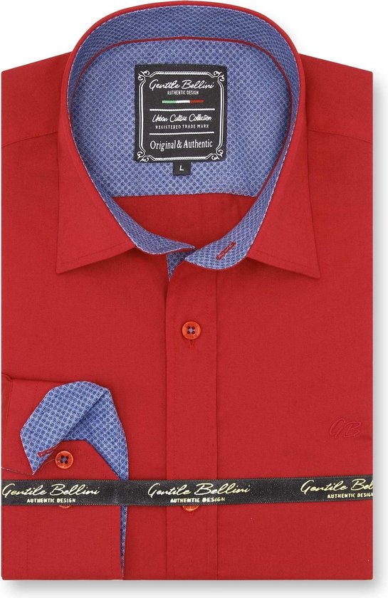 Heren Overhemd - Slim Fit - Dots Contrastbeleg - Rood - Maat L