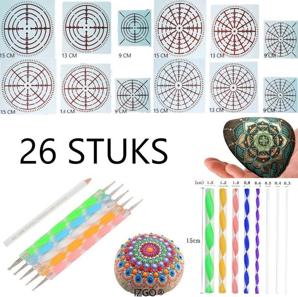 Mandala Dotting Starter Set - 26 delig - Sjablonen Hobby Volwassenen - Dotting Tools - Dot Painting - Stenen stippen - IZGO
