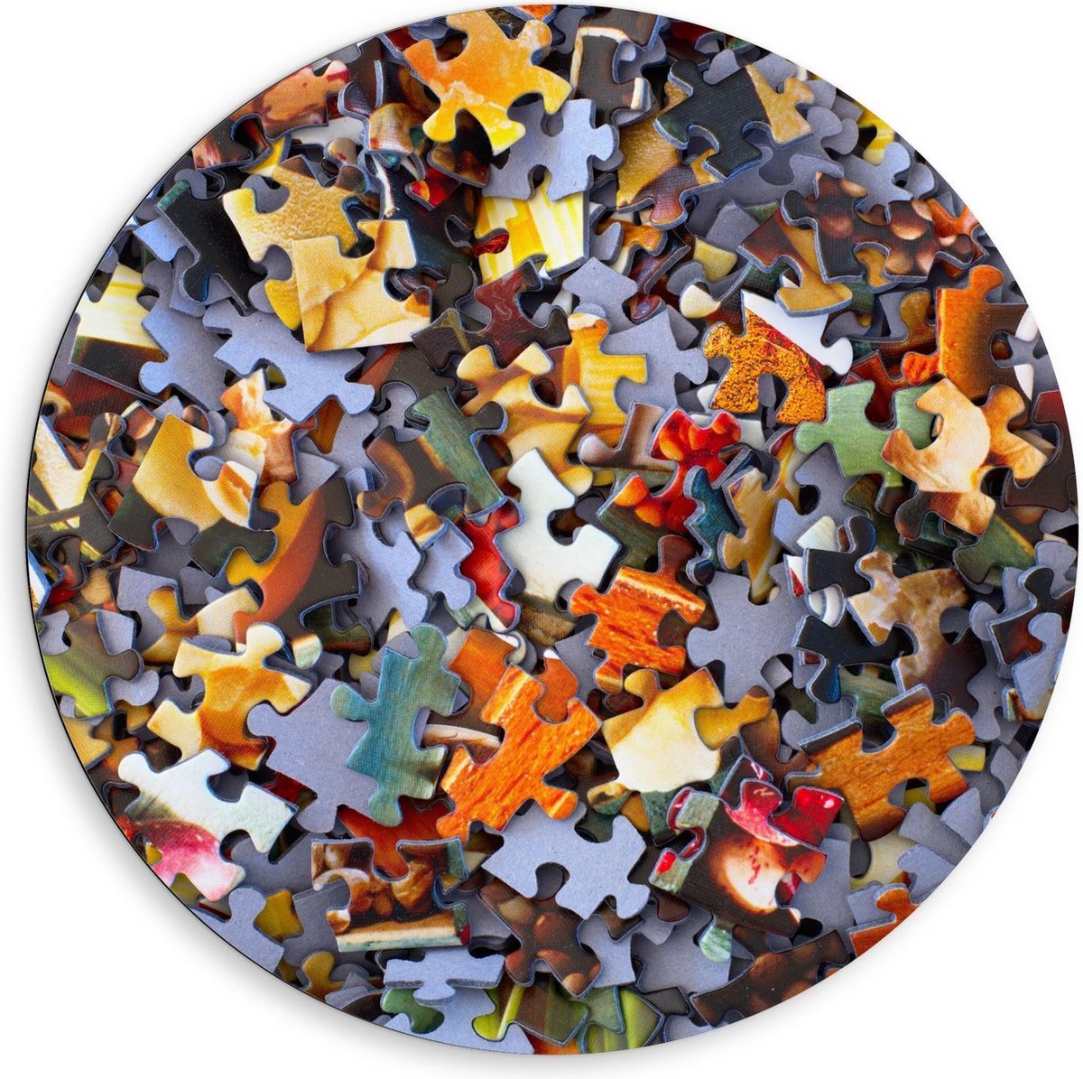 Dibond Wandcirkel - Hoop Gekleurde Puzzelstukjes - 80x80cm Foto op Aluminium Wandcirkel (met ophangsysteem)