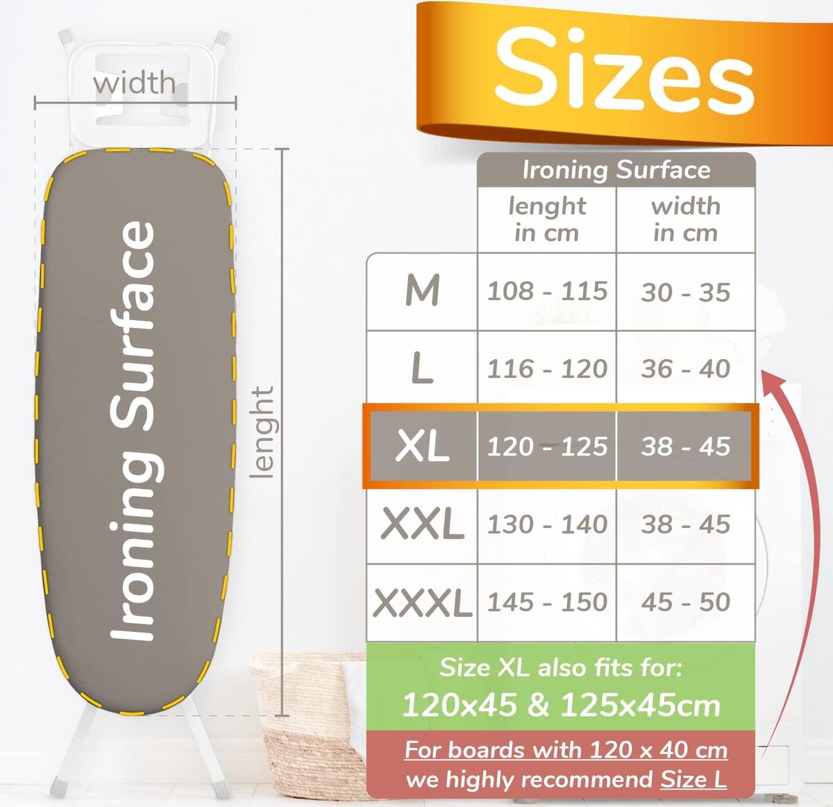 Goedkoopste Turbo strijkplankovertrek 120 x 45 in 5 maten voor stoomstrijkijzer - strijkplankovertrek met 5 lagen extra dik XL voor strijkoppervlakmaten 120-125 x 38-45 cm