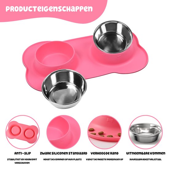 Roze dubbele voerbak met botvormig design, met RVS kommen. Iconen tonen anti-slip, zwaar siliconen, verhoogde rand en uitneembare kommen.