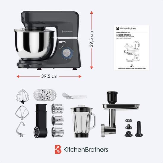 Robot Culinaire KitchenBrothers - Set Complet - 15 Accessoires de vêtements pour bébé - Robot Culinaire - 6L - 1500W - Anthracite