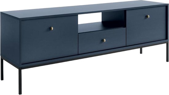 Meuble TV BOGDAN - 2 portes, 1 tiroir et 1 niche - Blauw L 154 cm x H 56 cm x P 39 cm