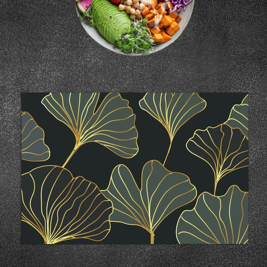 BWK Textiele Placemat - Goud met Groene Getekende Bladeren - Set van 6 Placemats - 45x30 cm - Polyester Stof - Afneembaar