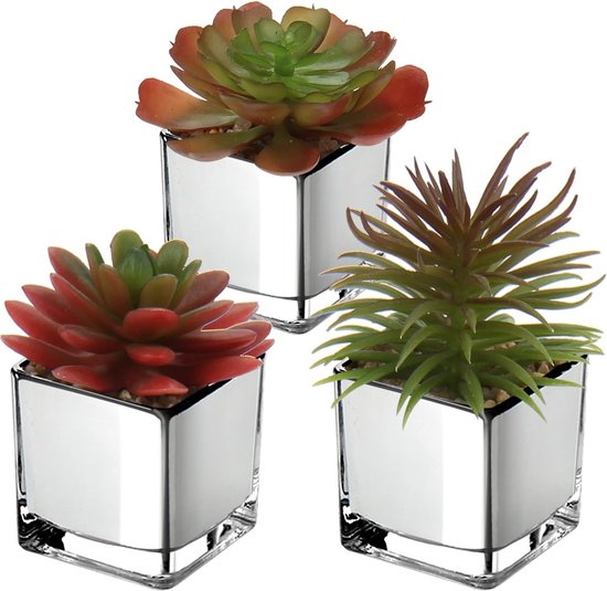 3 stuks vetplanten, kunstplant, decoratieve plant in glazen pot, decoratieve mini-vetplanten, kamerplant voor badkamer, balkon, slaapkamer, woonkamer, bureau, decoratie