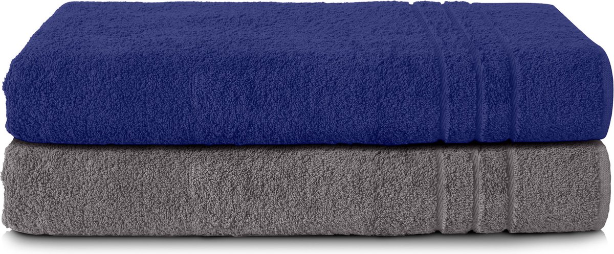 Komfortec Set van 2 Handdoeken 80x200 cm, 100% Katoen, XXL Saunahanddoeken, Saunahanddoek Zacht, Grote badstof, Sneldrogend, Marineblauw&Antraciet