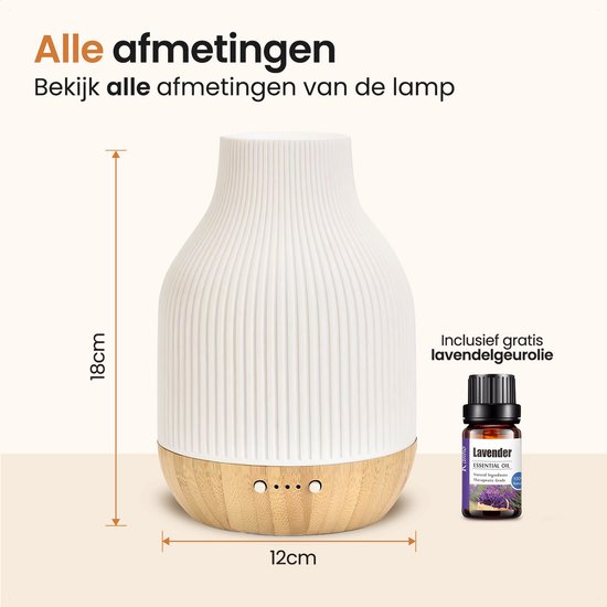 Witte diffuser met houten basis, meting 18cm hoog, 12cm breed. Inclusief gratis lavendelgeurolie.
