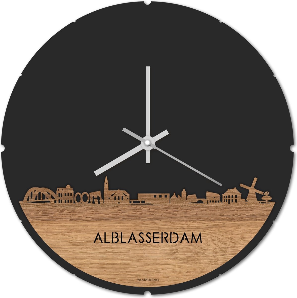 Skyline Klok Rond Alblasserdam Eikenhout - Ø 44 cm - Stil uurwerk - Wanddecoratie - Meer steden beschikbaar - Woonkamer idee - Woondecoratie - City Art - Steden kunst - Cadeau voor hem - Cadeau voor haar - Jubileum - Trouwerij - Housewarming -