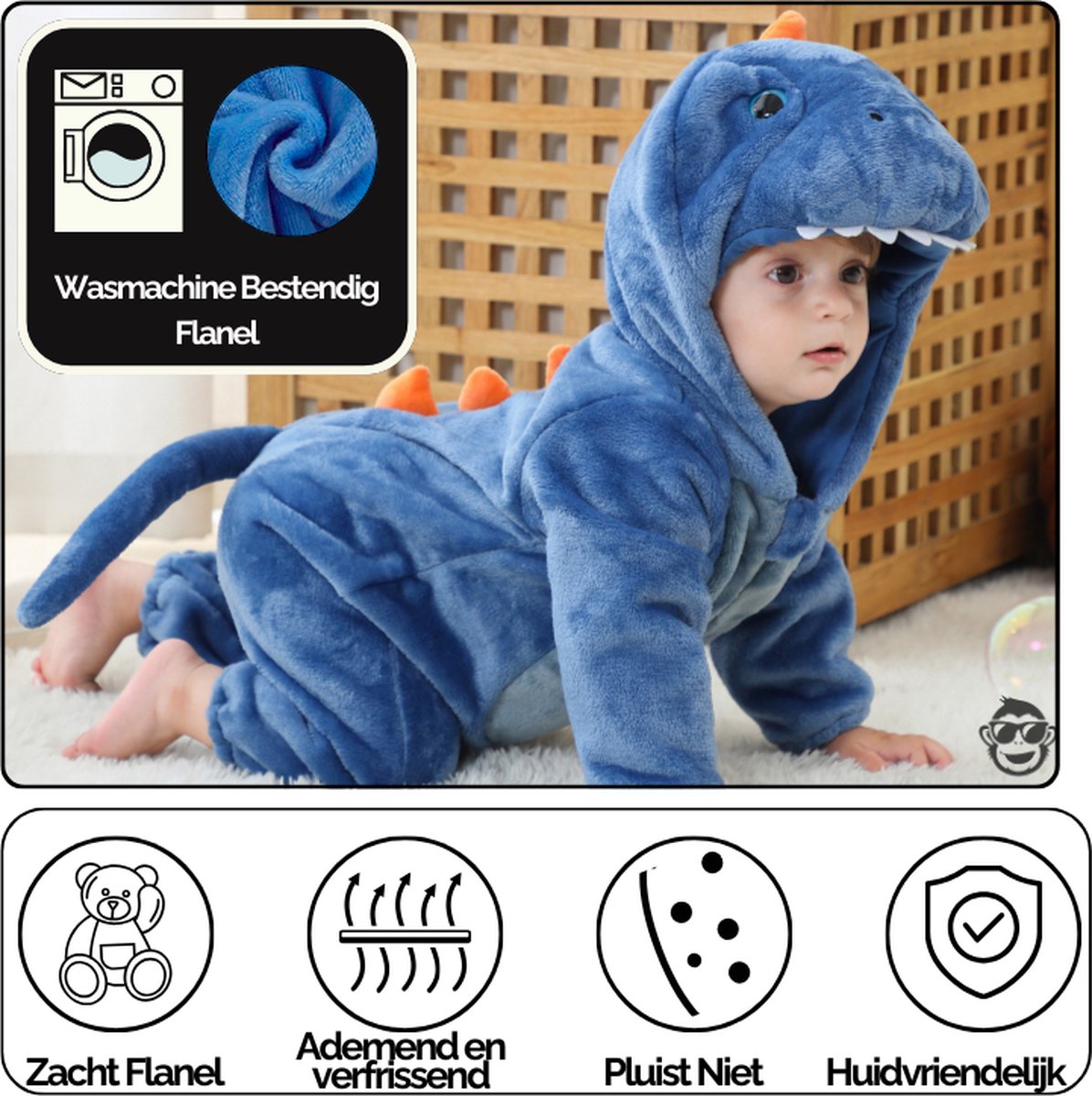 BoefieBoef Dieren Baby Onesie Peuter Pyjama Kinderen 6 maanden tot 2 jaar – Dinosaurus – Verkleedkleding met Luierrits – Carnaval Dierenpak - Halloween en Kraamcadeau - Zacht Flanel - Romper - Boxpak - Jongens - Meisjes - Kruippak - blauw — afbeelding 8
